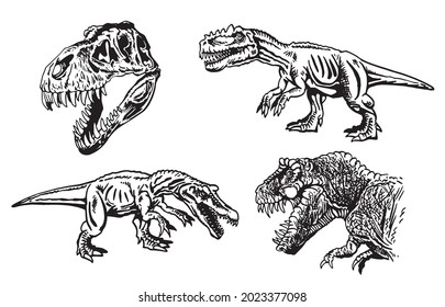 Graphical set of dinosaurs isolated on white background, hand-drawn raptor and tyrannosaurus