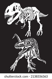 Graphical set of dinosaurs isolated on black background,vector engraved illustration