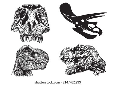 Graphical set of dinosaurs isolated on white background,vector illustration for tattoo and printing