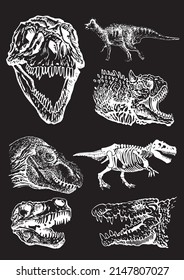 Graphical set of dinosaurs  isolated on white background,vector engraved illustration for tattoo and printing