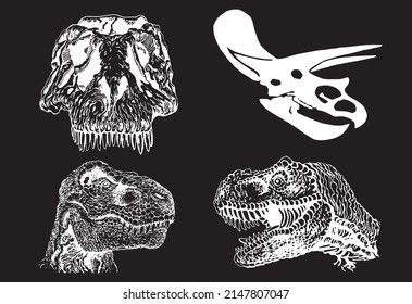 Graphical set of dinosaurs  isolated on white background,vector engraved illustration for tattoo and printing