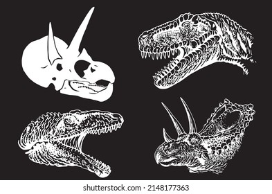 Graphical set of dinosaurs isolated on black background,vector engraved illustration for tattoo and printing