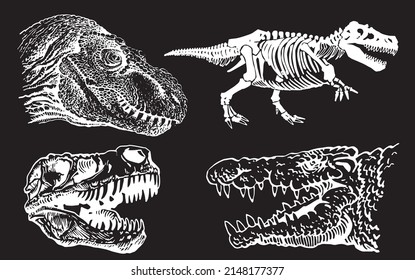 Graphical set of dinosaurs isolated on black background,vector engraved illustration for tattoo and printing