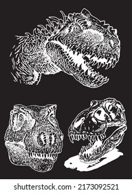 Graphical set of dinosaurs isolated on black ,vector engraved elements,jurrasic perioud 