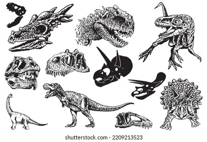 Graphical set of dinosaurs isolated on white background,vector illustration for tattoo and printing