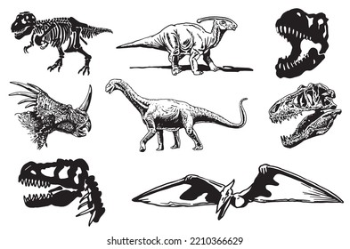 Graphical set of dinosaurs isolated on white background,vector illustration for tattoo , printing and textile