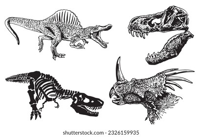 Graphical set of dinosaurs isolated on white background,vector illustration,tattoo  designs.