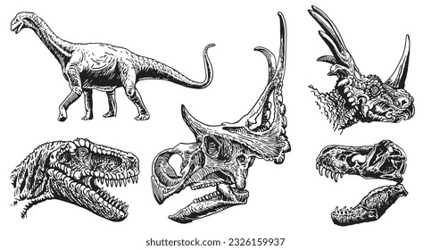Graphical set of dinosaurs isolated on white background,vector illustration,tattoo  designs.