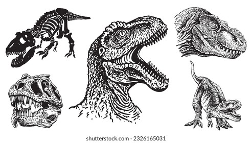 Graphical set of dinosaurs isolated on white background,vector tyrannosaurus,tattoo