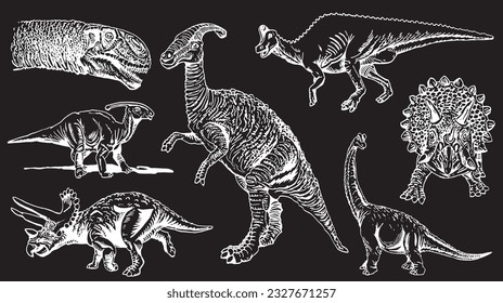Graphical set of dinosaurs isolated on black background,vector engraved illustration,tattoo  designs.