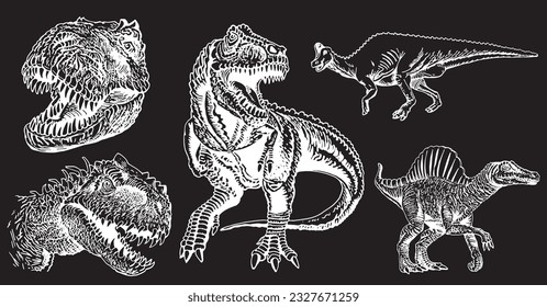 Graphical set of dinosaurs isolated on black background,vector engraved illustration,tattoo  designs.
