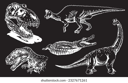 Graphical set of dinosaurs isolated on black background,vector engraved illustration,tattoo  designs.