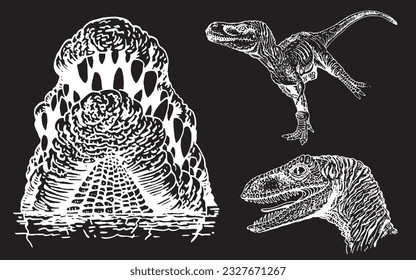 Graphical set of dinosaurs isolated on black background,vector engraved illustration,tattoo  designs.