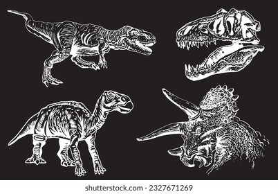 Graphical set of dinosaurs isolated on black background,vector engraved illustration,tattoo  designs.