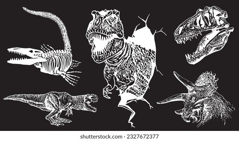 Graphical set of dinosaurs isolated on black background,vector engraved illustration,tattoo  designs.