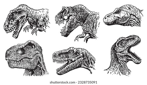 Graphical set of dinosaurs isolated on white background,vector tyrannosaurus,tattoo