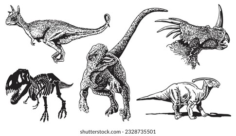Graphical set of dinosaurs isolated on white background,vector illustration,tattoo  designs.
