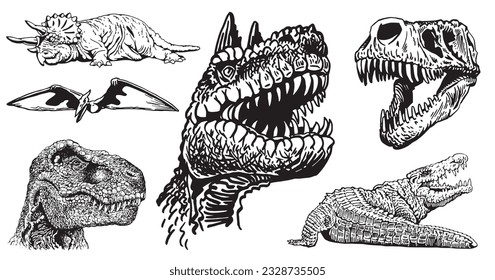 Conjunto gráfico de dinosaurios aislados en fondo blanco, ilustración vectorial, diseños de tatuajes.