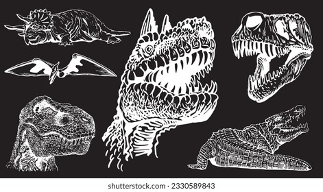 Graphical set of dinosaurs isolated on black background,vector illustration,tattoo  designs.