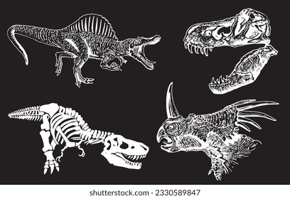 Graphical set of dinosaurs isolated on black background,vector illustration,tattoo  designs.