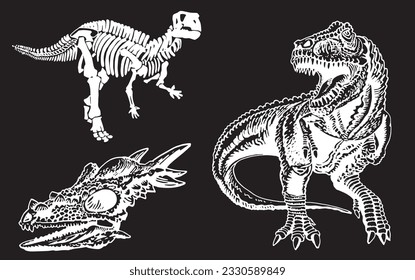 Graphical set of dinosaurs isolated on black background,vector illustration,tattoo  designs.