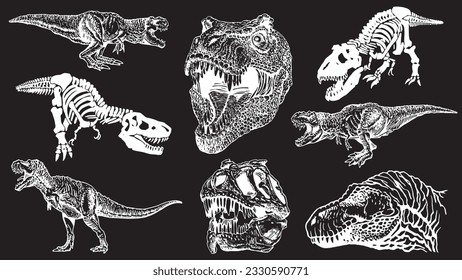 Graphical set of dinosaurs isolated on black background,vector tyrannosaurus,tattoo