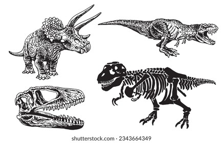 Graphical set of dinosaurs isolated on white background,vector illustration,tattoo  