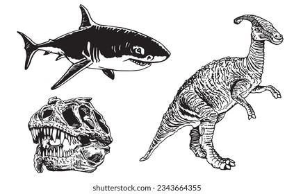Graphical set of dinosaurs isolated on white background,vector illustration,tattoo  