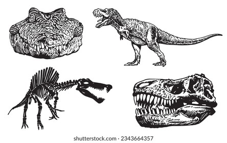 Graphical set of dinosaurs isolated on white background,vector illustration,tattoo  