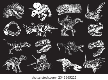 Graphical set of dinosaurs isolated on black background,vector illustration,tattoo  