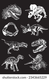 Graphical set of dinosaurs isolated on black background,vector illustration,tattoo  