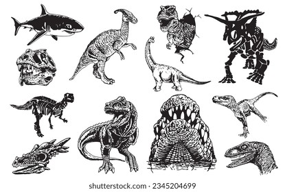 Graphical set of dinosaurs isolated on white background,vector illustration for tattoo and printing