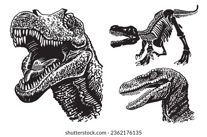 Graphical set of dinosaurs isolated on white background,vector illustration for tattoo and printing