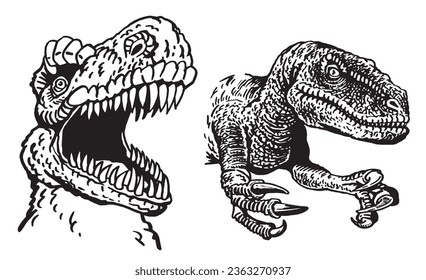 Graphical set of dinosaurs isolated on white background,vector illustration for tattoo and printing