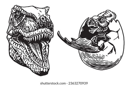 Graphical set of dinosaurs isolated on white background,vector illustration for tattoo and printing