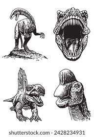 Graphical set of dinosaurs isolated on white background,vector illustration for tattoo and printing	