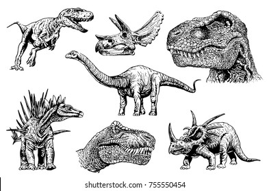 Graphical set of dinosaurs isolated on white background,vector illustration for tattoo and printing