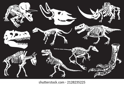 Graphical set of dinosaurs on black background,vector drawing,paleontology