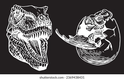 Graphical set of dinosaurs on black background,vector engraved  illustration for tattoo and printing
