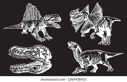 Graphical set of dinosaurs on black background,vector engraved  illustration for tattoo and printing
