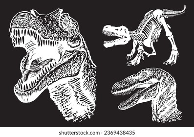 Graphical set of dinosaurs on black background,vector engraved  illustration for tattoo and printing