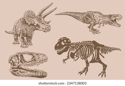 Conjunto gráfico de dinosaurios sobre fondo sepia,ilustración vectorial vintage para tatuajes e impresión