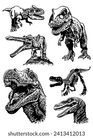Graphical set  of dinosaurs on white background,vector illustration for tattoo, design and printing	