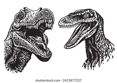 Graphical set of dinosaurs on white background, vector collection. Graphical elements for design and typography