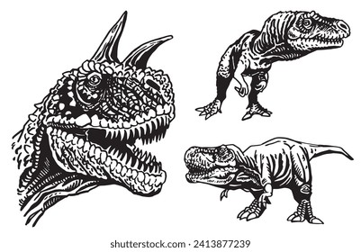 Graphical set of dinosaurs on white background, vector collection. Graphical elements for design and typography