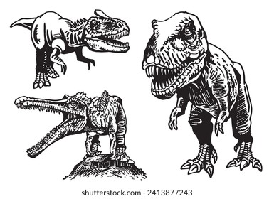 Graphical set of dinosaurs on white background, vector collection. Graphical elements for design and typography