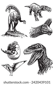 Graphical set of dinosaurs on white background,vector illustration. Science. 