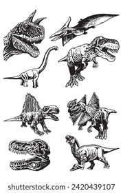 Graphical set of dinosaurs on white background,vector illustration. Science. 