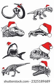 Graphical set of dinosaurs in red Santa Claus hats isolated on white background,vector elements. New year