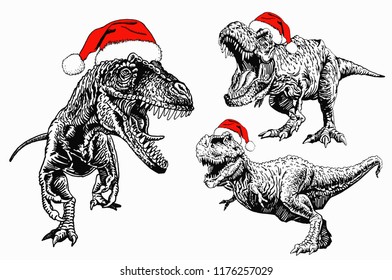 Graphical set of dinosaurs  in Santa Claus hat isolated on white background,vector sketch,New Year illustration
